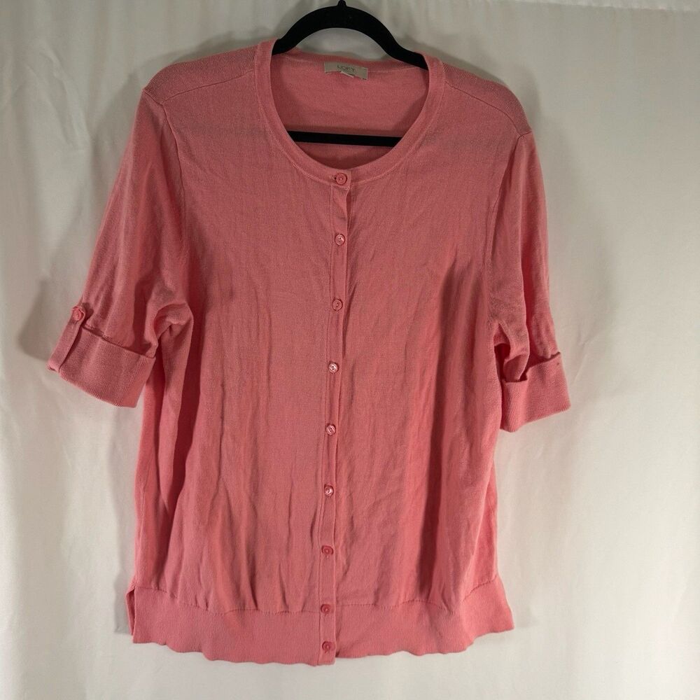 LOFT Cardigan Women's XL Pink Button Front Short Sleeve Crew Neck 100% Cotton